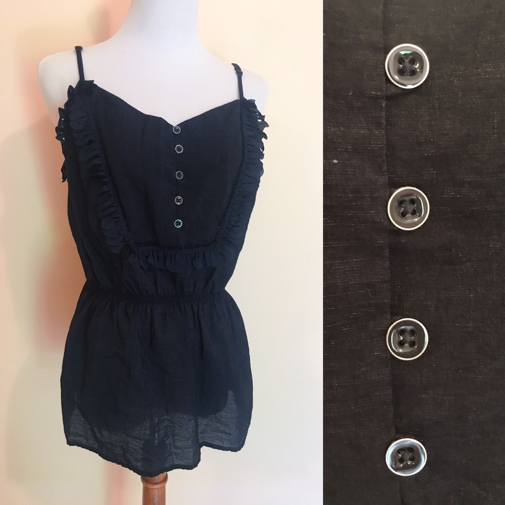 GAP navy peplum strap top with laser cut ruffle